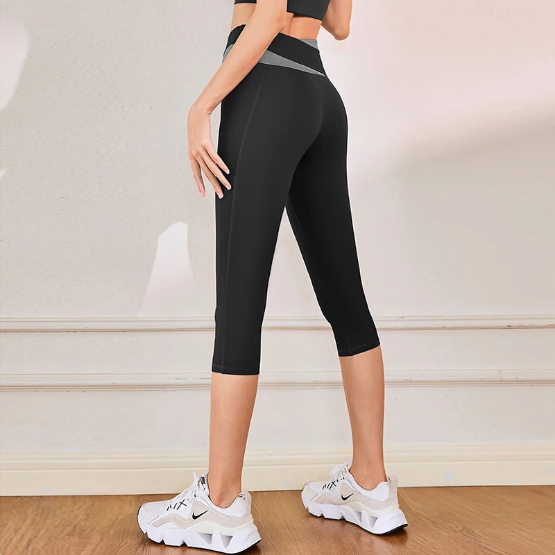 Women Sport Leggings High Waist Cropped Yoga Pants Running Capris Patchwork Color Crossover Gym Workout Tights Slim Sportswear