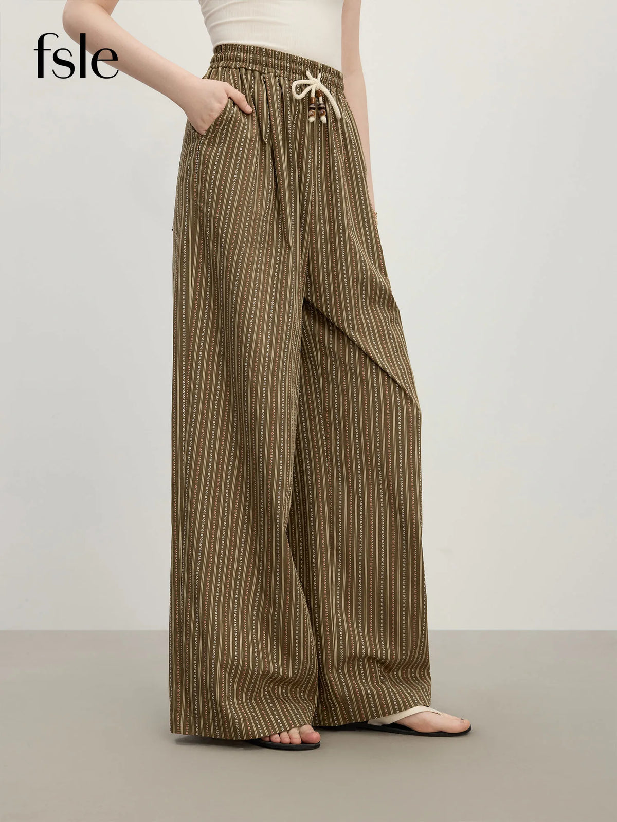 FSLE 2025 Summer Women's Relaxed-Fit Wide-Leg Trousers - Subtle Stripes & Airy Viscose Blend for Effortless Leisure