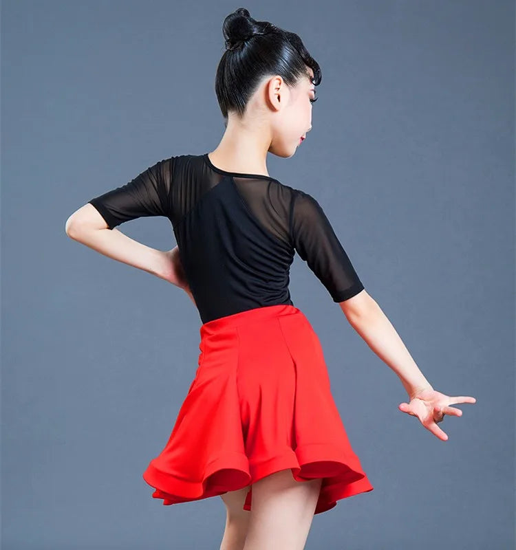 Kids Dresses for Girls Latin Dance Dress Short Sleeve Ballroom Competition Practice Solid Tango Stage Performance Costumes