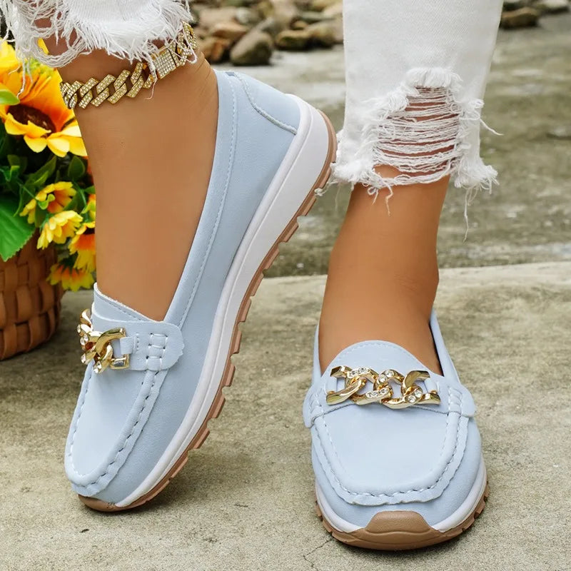 Women Flats 2026 Spring Autumn New Loafers Fashion Metal Decor Round Head Casual Shoes Female Daily Comfort Soft Soled Sneakers