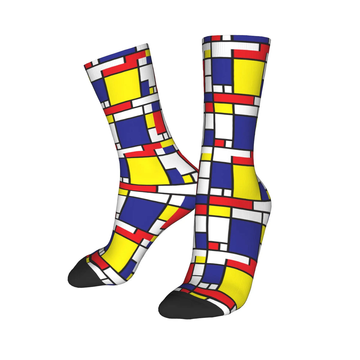 Custom Color Art Retro Mondrian Men Women Crew Socks Unisex Fashion 3D Printed Abstract Art Plaid Dress Socks