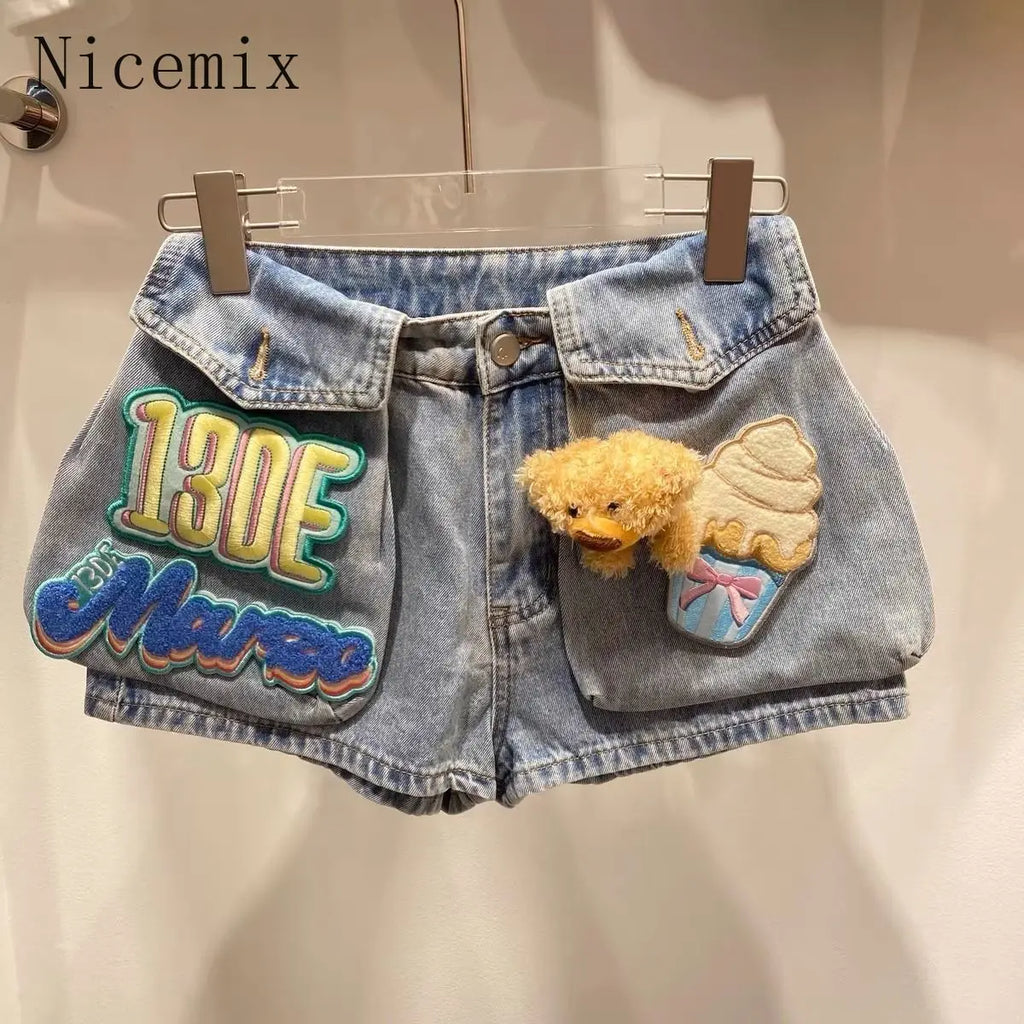 Nicemix 3D Teddy Bear Patch Design Slim Fit Denim Shorts for Women Summer New Stylish High Waist Loose Casual Jeans for Women