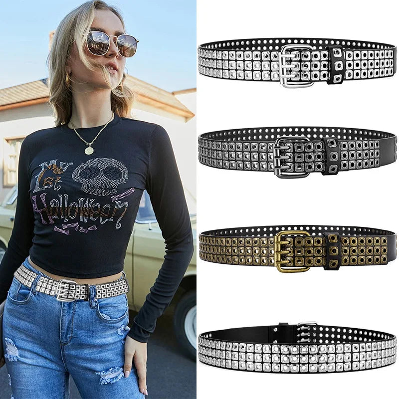 New Women Belt  Fashion Square Beads, Willow Nails, Three Exhaust Eyes, Punk Street Cool, Personalized Men's and Women's Belts