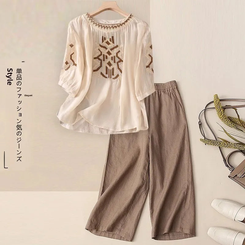 Fashionable Retro Linen Top And Pants Set for Women High End Cotton Linen Two Piece Suit Summer New Arrival Elegant Momwear
