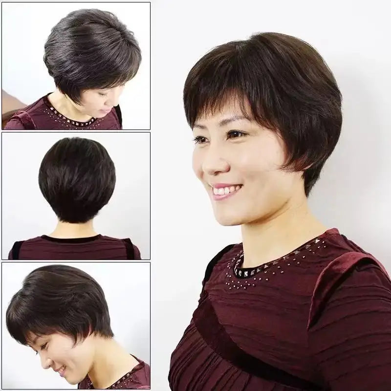 Human Hair Short Straight Wig For Middle Aged And Elderly Asian Women Lady Realistic Natural Wig Quickly Increase Hair Volume