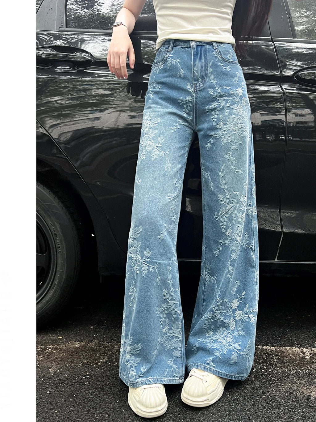 Women's Embroidered Floral Wide Leg Jeans High Waist Slim Fit Straight Cut Summer New Sle Thin Version Casual Denim Pants