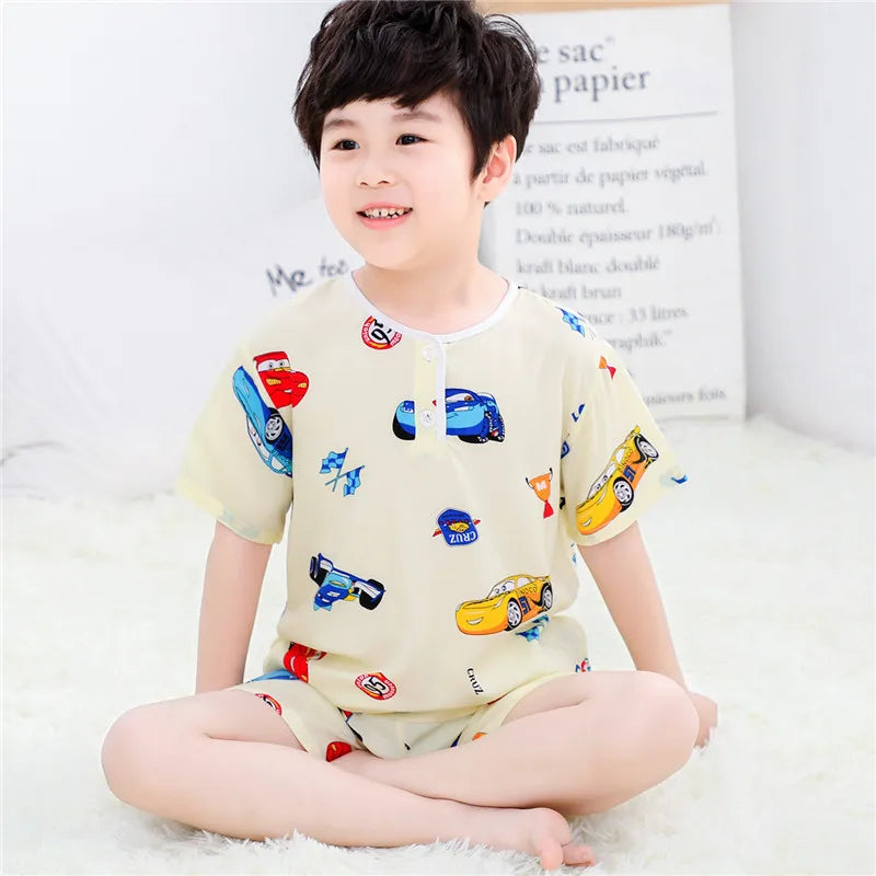 Kids Boys Girls Pajamas New 2023 Summer Thin Cute Cartoon Short Sleeve O-Neck Casual Tops with Shorts Baby Sleeping Clothing Set