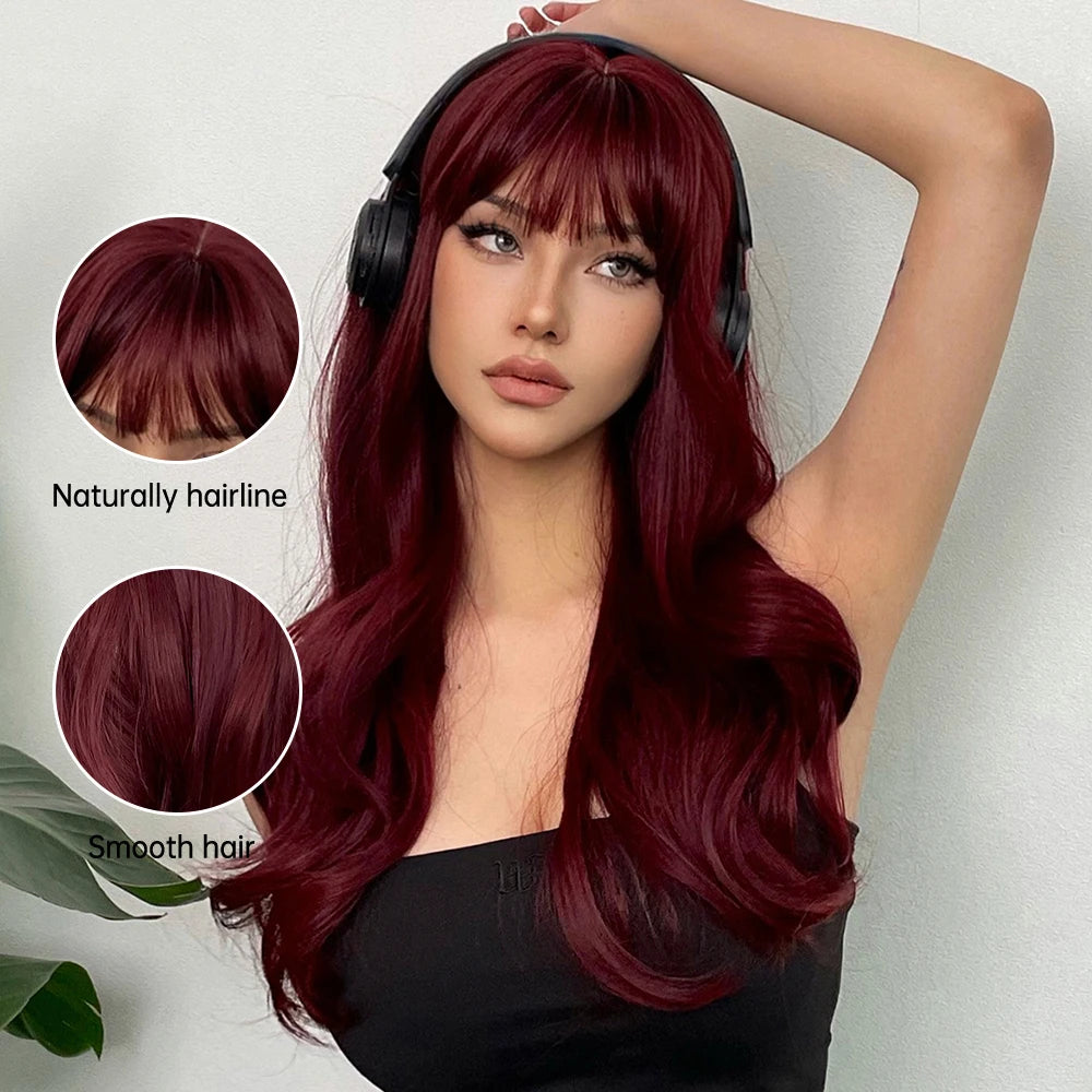 Wine Red Long Wavy Synthetic Wigs with Bangs for Women Colorful Burgundy Red Body Wave Cosplay Wig Halloween Heat Resistant Hair