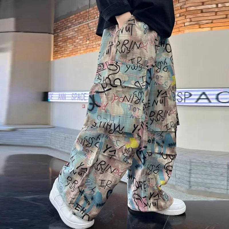 Child Pants 2025 New Spring Boys Trousers Teenager Autumn Fashion Clothing Kids Wide-legged Trousers Boy Letter Loose Pants