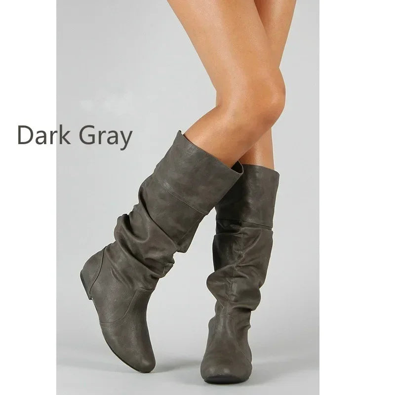 Women Leather Boots Fashion Pleated Wedge Long Boots Round Toe Autumn Winter Solid Slip On Shoes Ladies High Boot Botas De Mujer