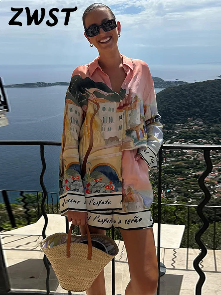 Holiday Printed Shirt Shorts Suits Women Casual Long Sleeve Lapel Button Shirt Loose Lady 2025 Summer Fashion Short Pants Set