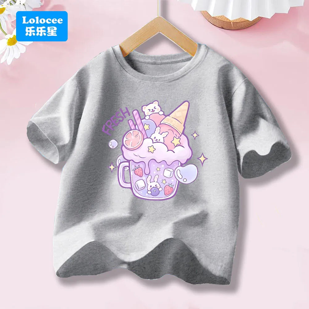 Kids' Short Sleeve Cartoon T - Shirt Fresh Dessert & Animals  Cartoon Print Casual Top Kawaii Summer Clothes  YLXX1