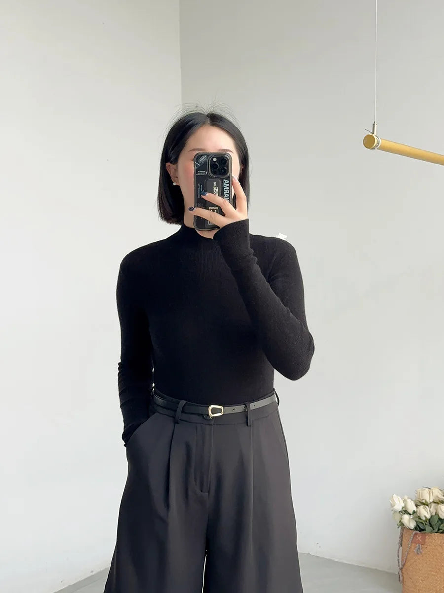 BirdTree, 100% Wool Slim Thin Sweater, Women Long Sleeve Mock Neck, Seamless Bottom High Elastic Top, 2025 Winter Fall T46985QM
