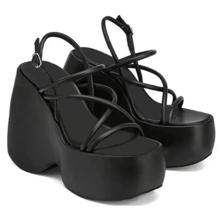 Women's Sandals Summer 2025 New Women Platform Sandals Punk Wedges High Heeled Sandals Sexy Black White Buckle Ankle Strap Shoes