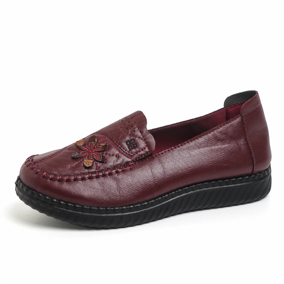 Women's Floral Slip-On Loafer Flats, Faux Leather Upper with Hand Stitching Details, Low Wedge Walking Shoes for Mature Ladies