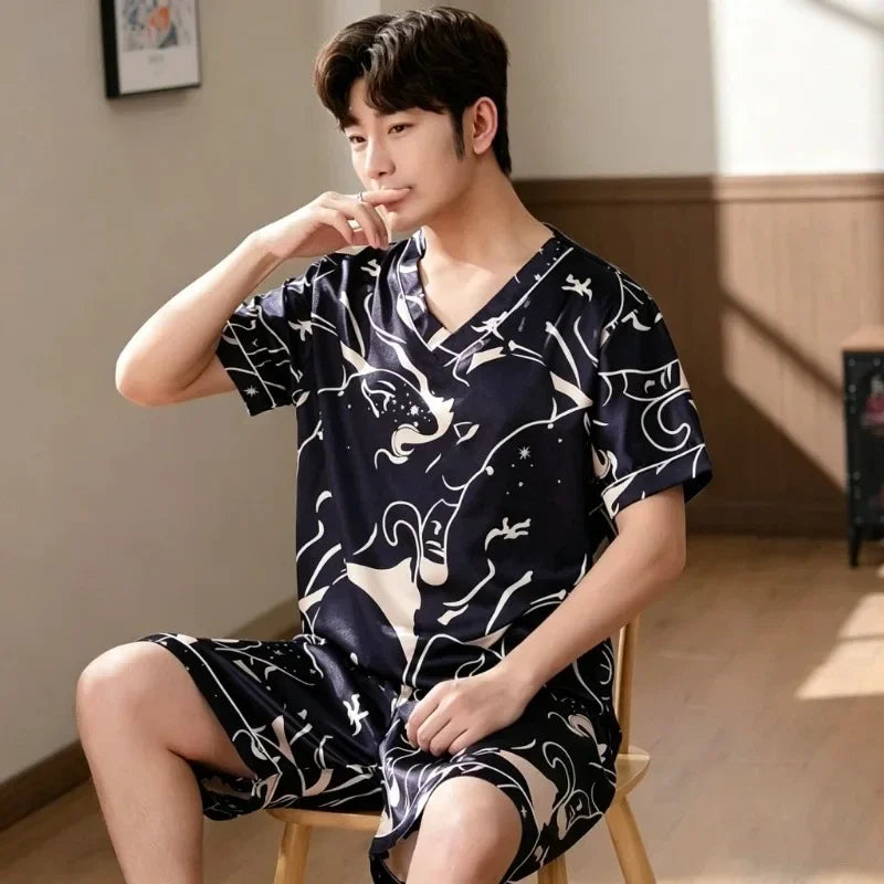 Plus Size Men's Pajamas Set Summer New Fashion Print Men's Sleepwear V-Neck Short Sleeve Shorts Homewear 2026 Casual Cool