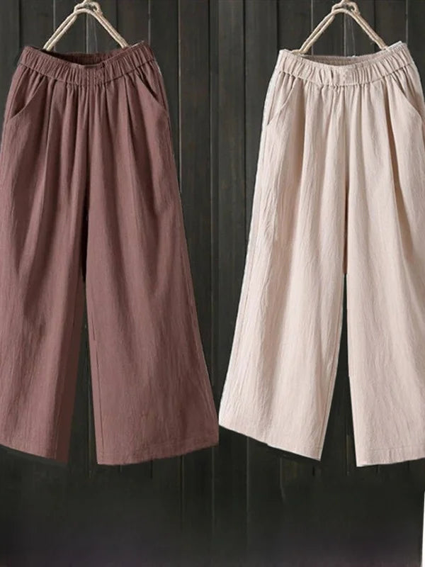 Pure Cotton Wide Leg Pants Women's Summer Loose Mom Large Size Cotton Nine Points Casual Pants High Waist Straight Cut Trousers