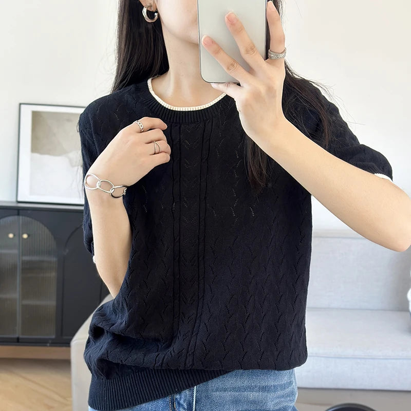 WinvyNee Summer Women‘s T-Shirts Cotton Pullovers Sweaters Top Short Sleeve O neck Pullover Solid Knitwear Tops Spring A1002024A