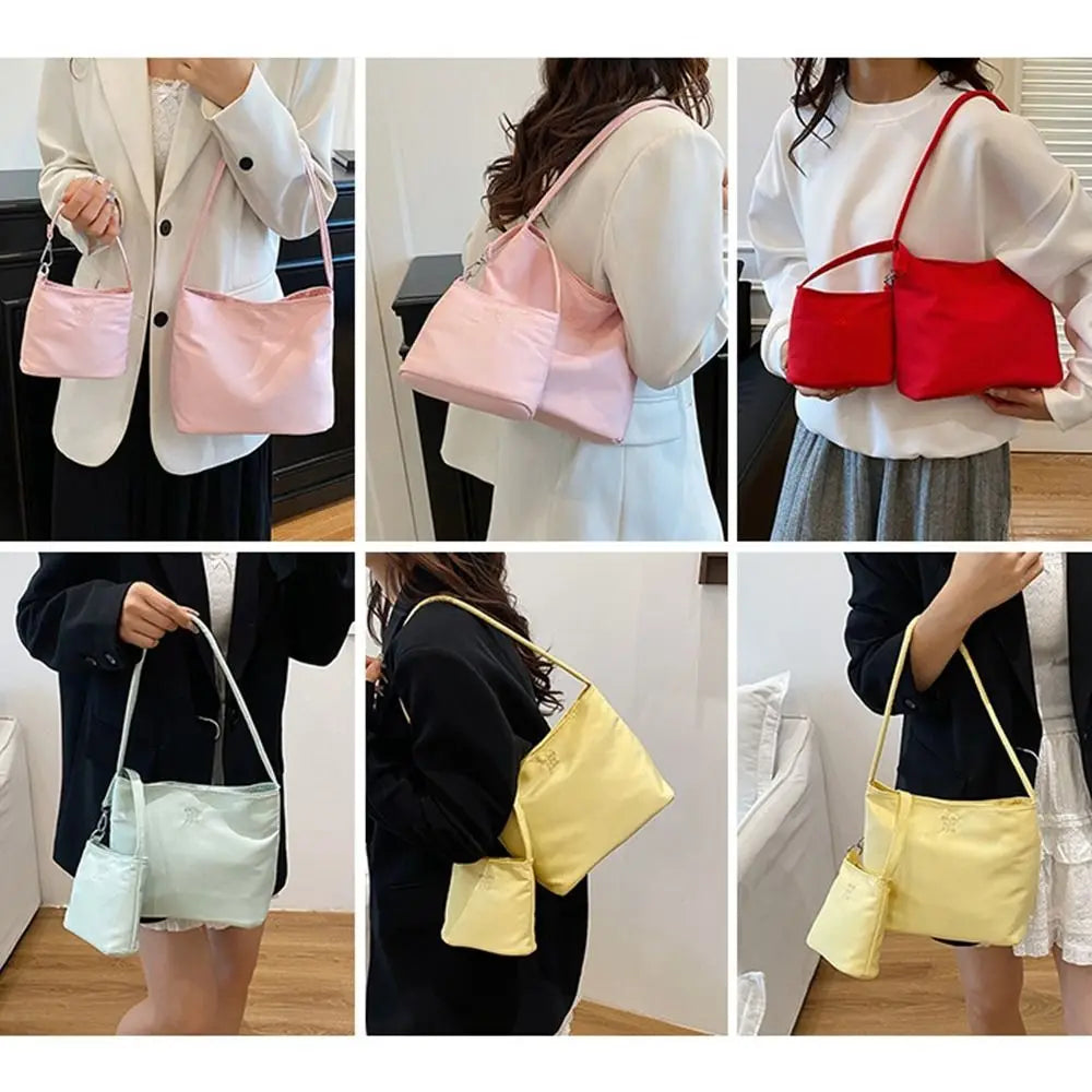 Korean Style Nylon Tote Bag Handbag Large Capacity Embroidery Letter Underarm Bag All-match Pure Color Cloth Shoulder Bag Travel