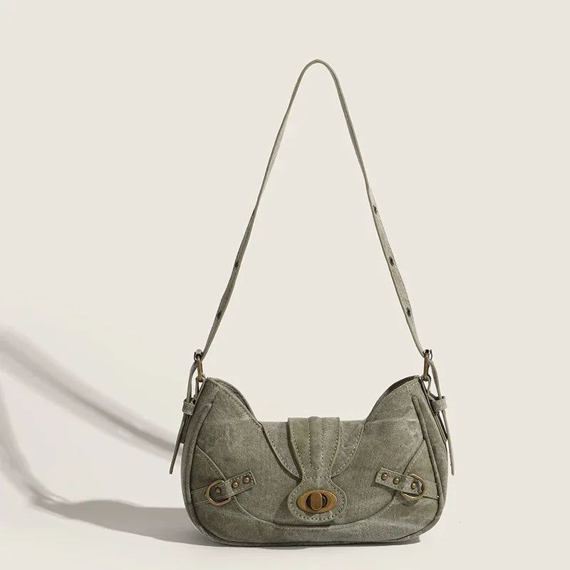 Y2k Vintage Shoulder Bag American Street Style Rivets Green Canvas Handbag Gothic Punk Biker Cool Designers Underarm Bag Handbag