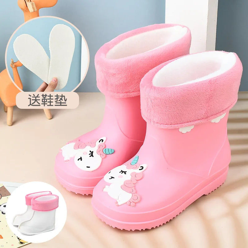 New Kids Rain Boots Boys Girls Rainbow Water Shoes Toddlers Garden Shoes Kids Cartoon Drawstring Non-Slip Rain Boots Comfortable