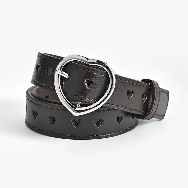 Children Leather Belt Cute Peach Heart Buckle Belts for Girls Solid Color Waistband Korean Fashion Love Heart Eyelet Waist Belt