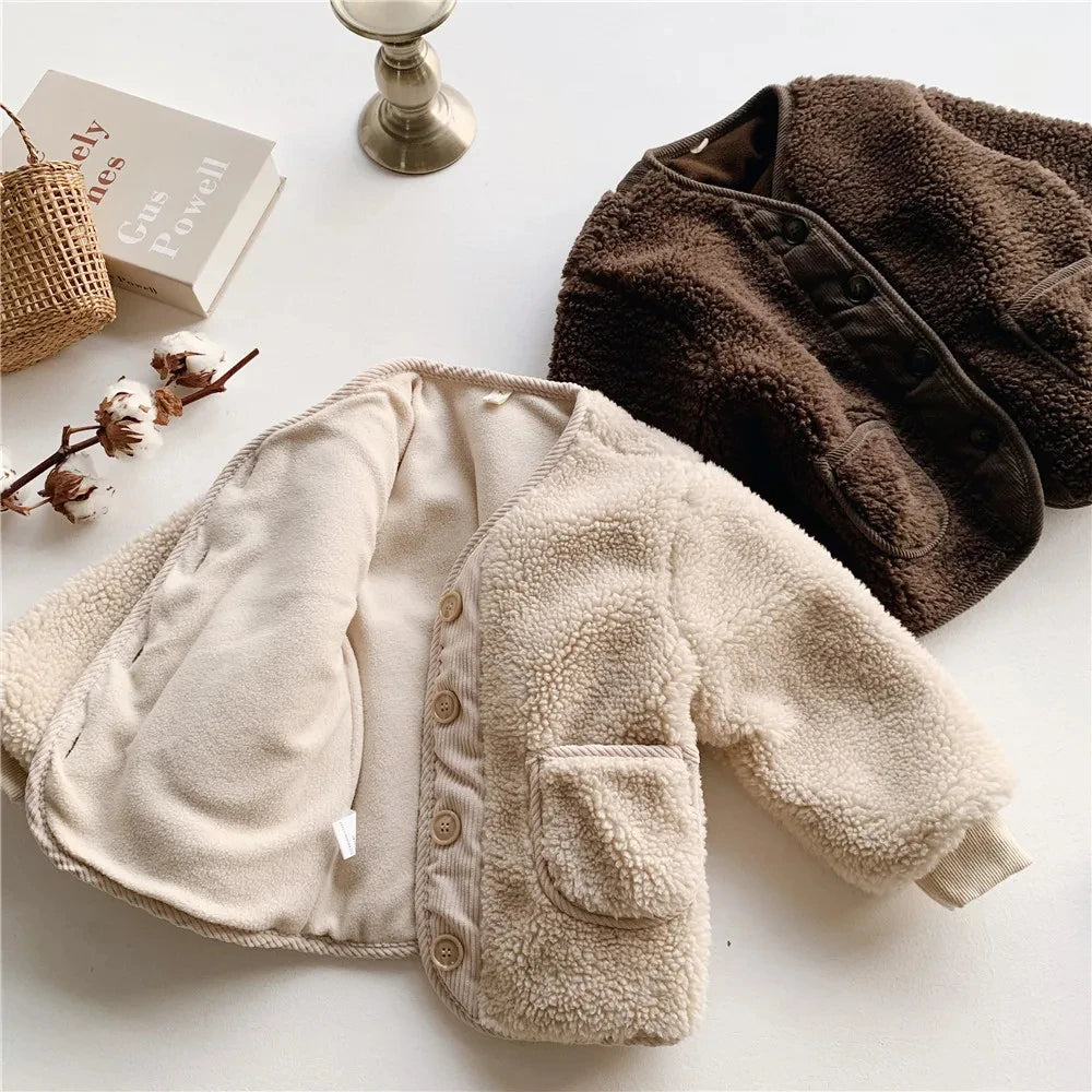 2026Korean Boys Fall Winter Clothes For Girls Velvet Loose Lamb Velvet Warm Children's Jacket Coat For Girls 0-5-year-old