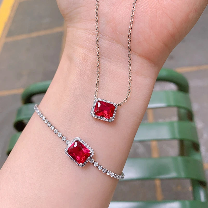 Women Jewelry Vintage 7*9mm High Quality Yellow Pink Blue Crystal Bracelet Necklace Party Fine Gift