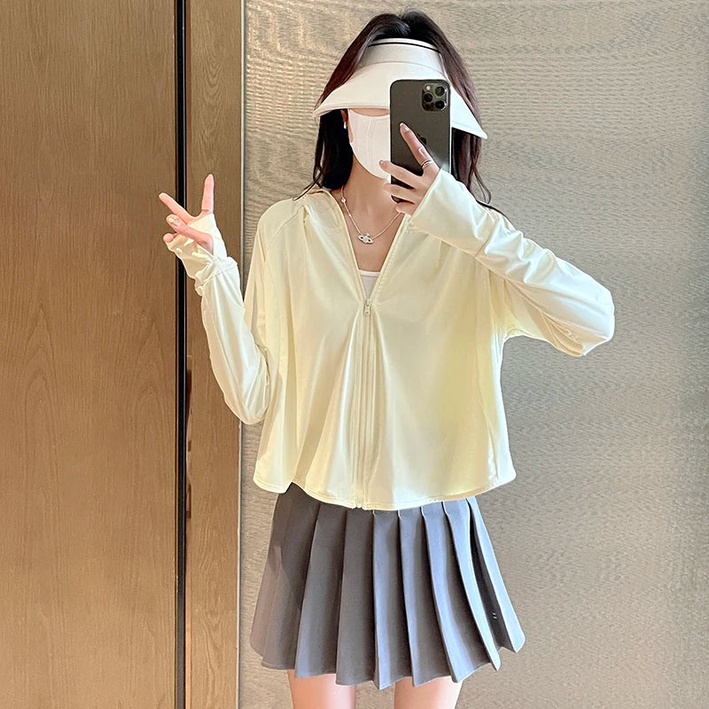 Full Coverage UPF 40+ Sun Protection Jacket Women Summer Breathable UV Protection Hooded Jacket Woman Loose Cropped Cardigan Top