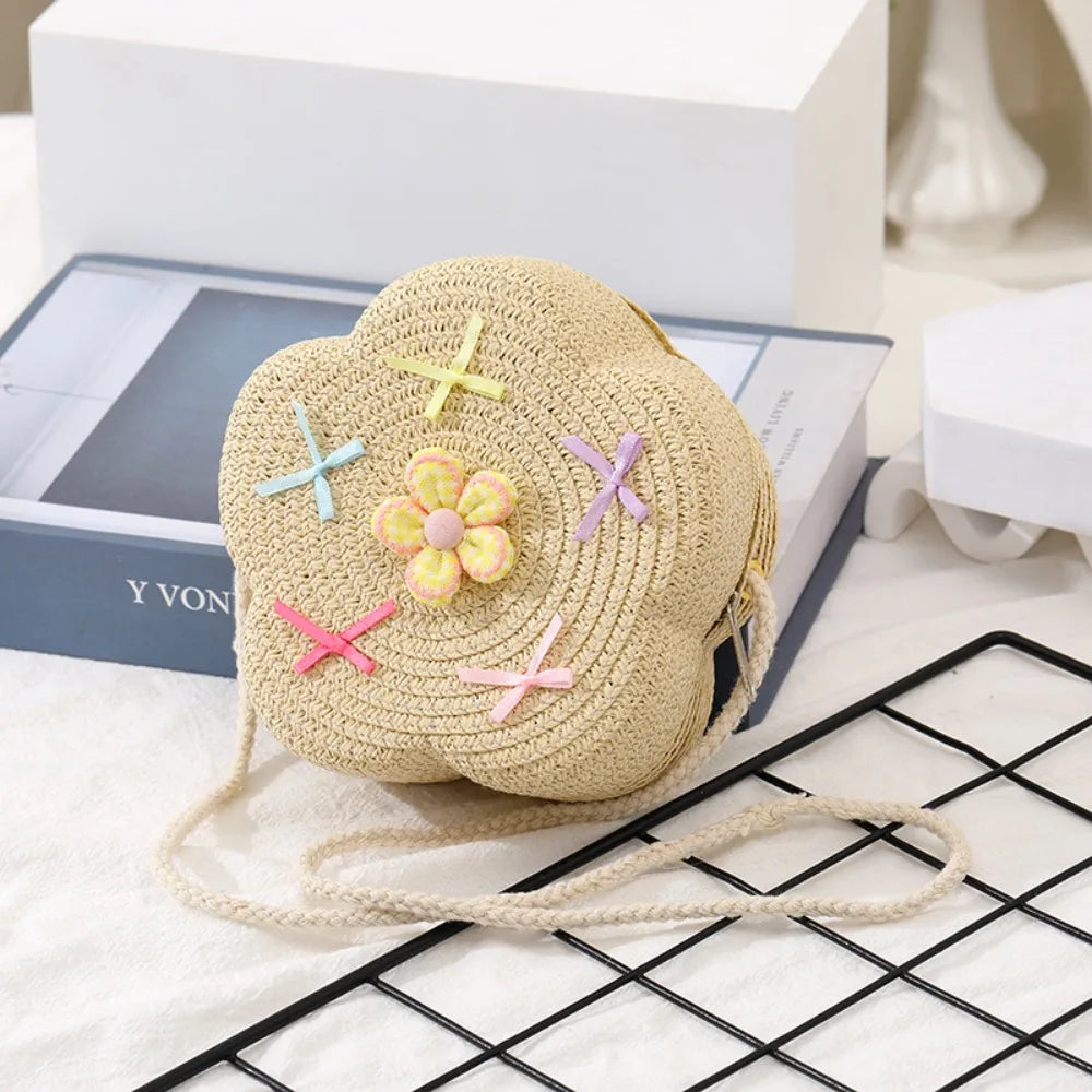 Cute Summer Children Girls Shoulder Bag Flower Bow Handmade Straw Baby Bags Messenger Bag Kids Keys Coin Purse Cute Mini Handbag