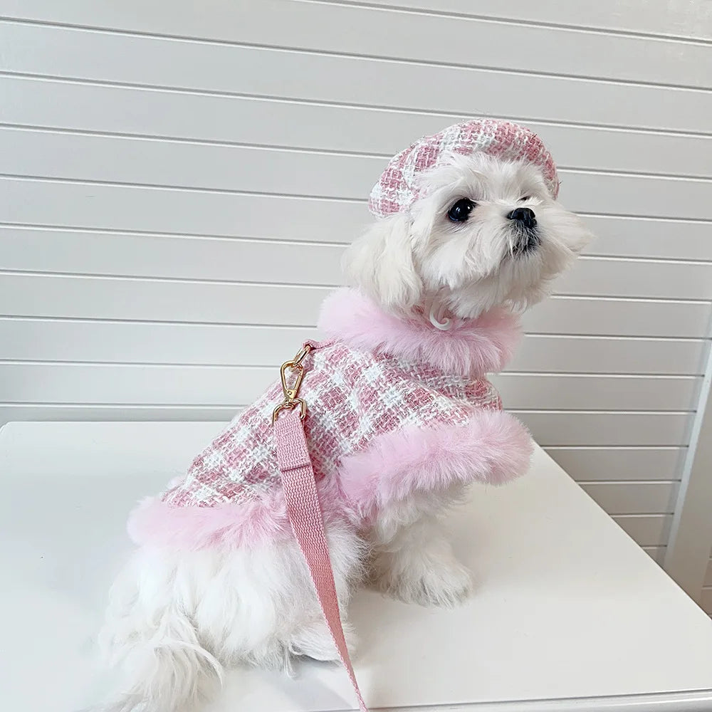 Ins Pet Plaid Woolen Dogs Coat Cloak Pet Supplies  Princess Dog Clothes  Dog Harnesses With Rope For Small Dog