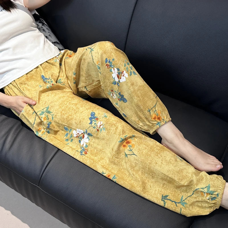 Cool Summer New Silk Cotton Spwear Loose Women's Wide Leg Pants Home Wear Floral Print Heat Resistant Comfortable Casual T...