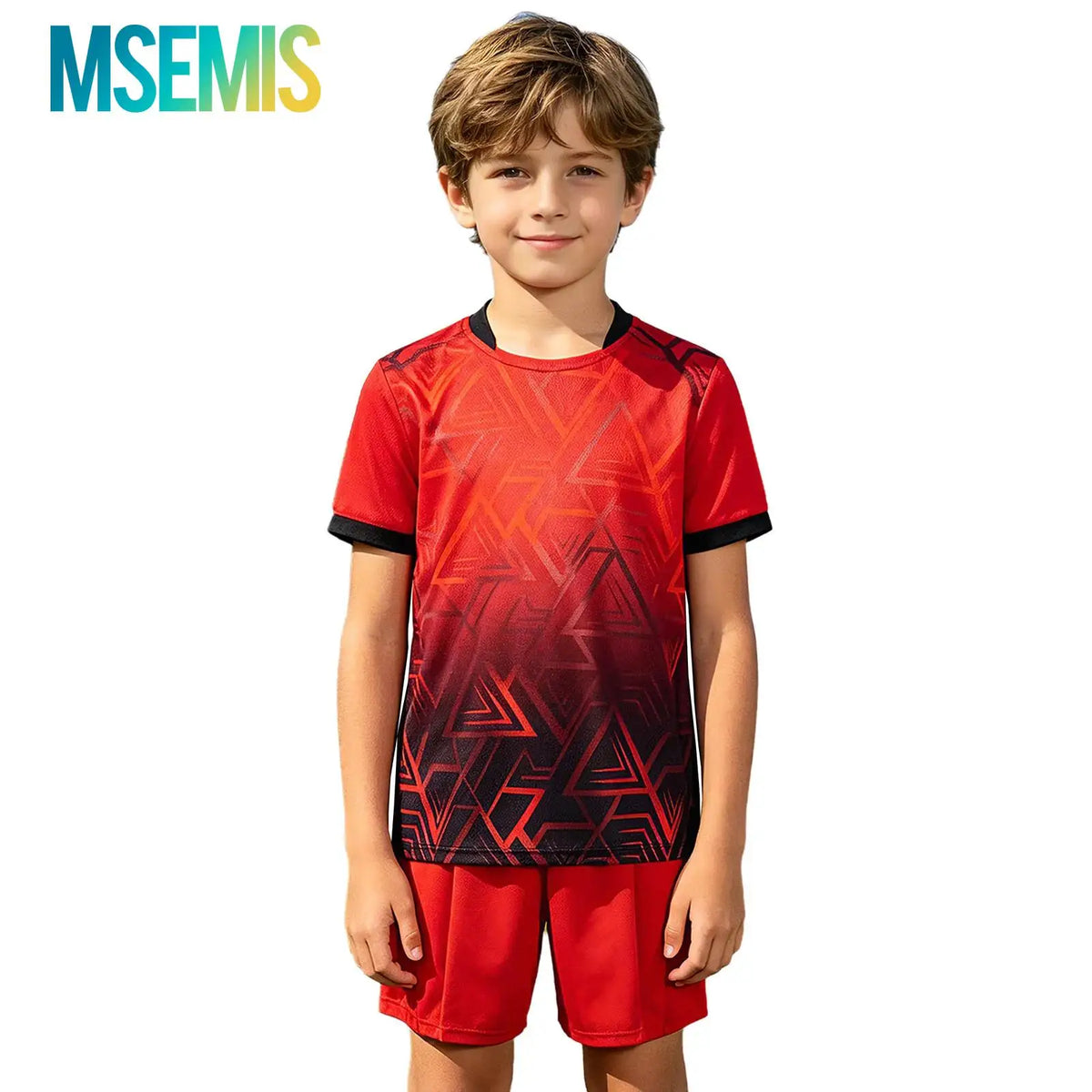 Kids Boys Sports Set Football Jersey Costume Children Tracksuit Round Neck Short Sleeve Geometric Print T-shirt with Shorts