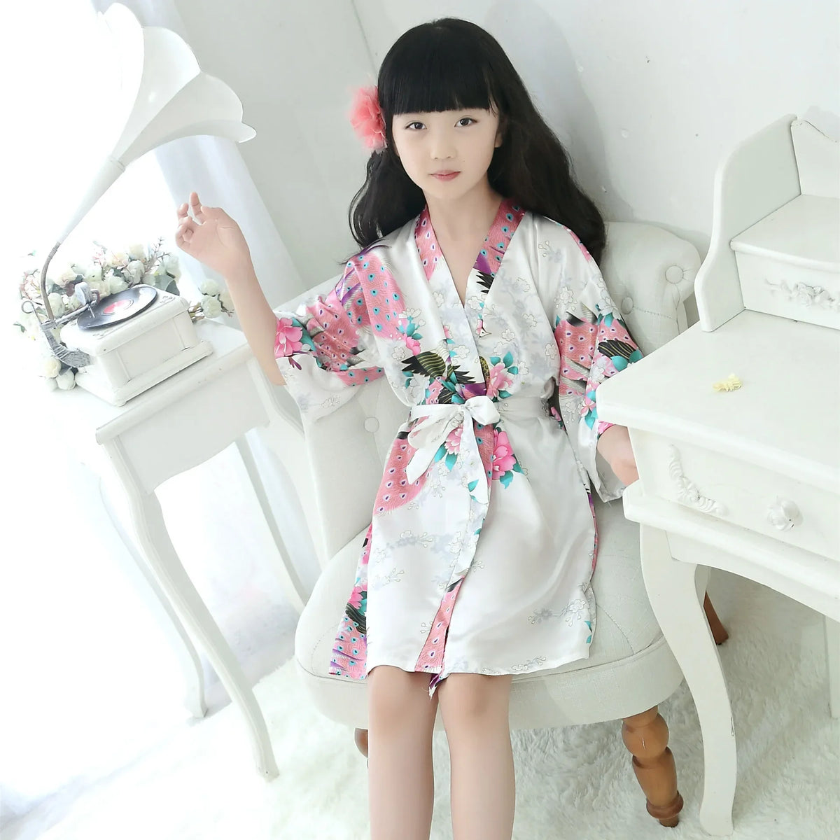 Kids Satin Floral Kimono Robe Flower Girl Peacock Bath Robes for Wedding Spa Party Gifts Bridal Lingerie Sleepwear Bathrobe