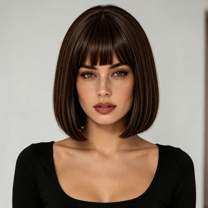 Women's everyday synthetic wig, 12 inches, dark brown, with smooth and neat bangs, casual style, suitable for weekend outings.