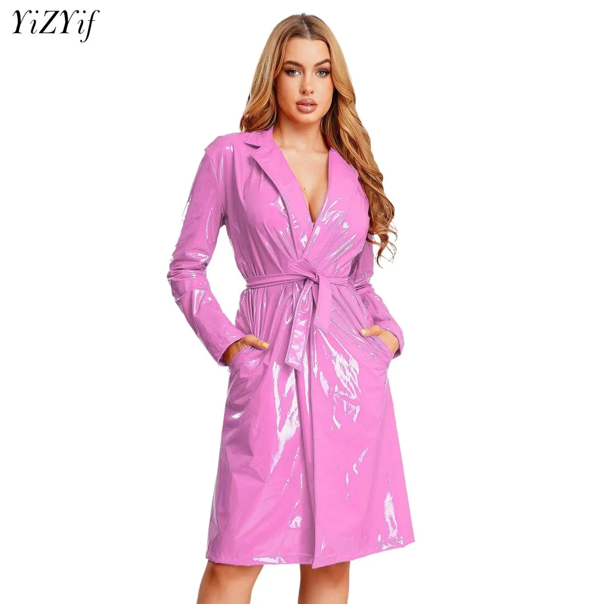 Women PU Leather Long Trench Coat Blazer Glossy Lapel Open Front Long Sleeve Jacket Overcoat with Belt Party Clubwear Streetwear