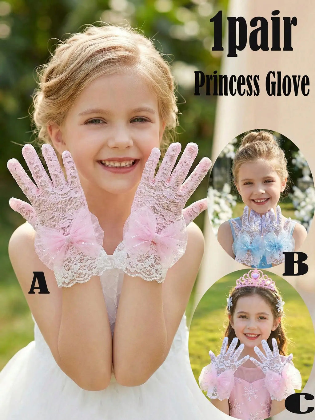 1Pair 4-10Y Girls  Decor Lace Gloves Soft Stretch Gloves Wedding Flower Girl Dance Birthday Photo Props