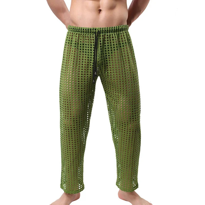 Mens Pajamas Sexy Mesh See Through Long Pants Sleepwear Fishnet Hollow Out Fitness Trousers Sleep Bottoms Sexy Underwear