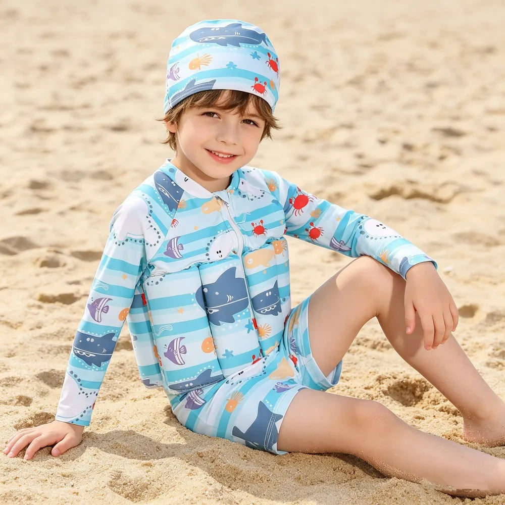 Children Swimming Training Swimwear Boys Girls Swimming Suit Detachable Floating Swimsuit Kids Buofancy Swimwear+Caps Suit