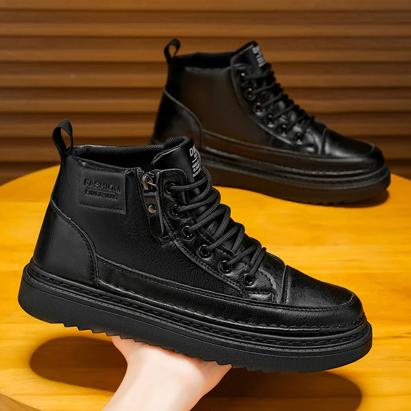 Men Boots Autumn Leather Waterproof Mid-top Sports Shoes New Fashion Ankle Boots Casual Outdoor Hiking Boots Shoes Male Sneakers