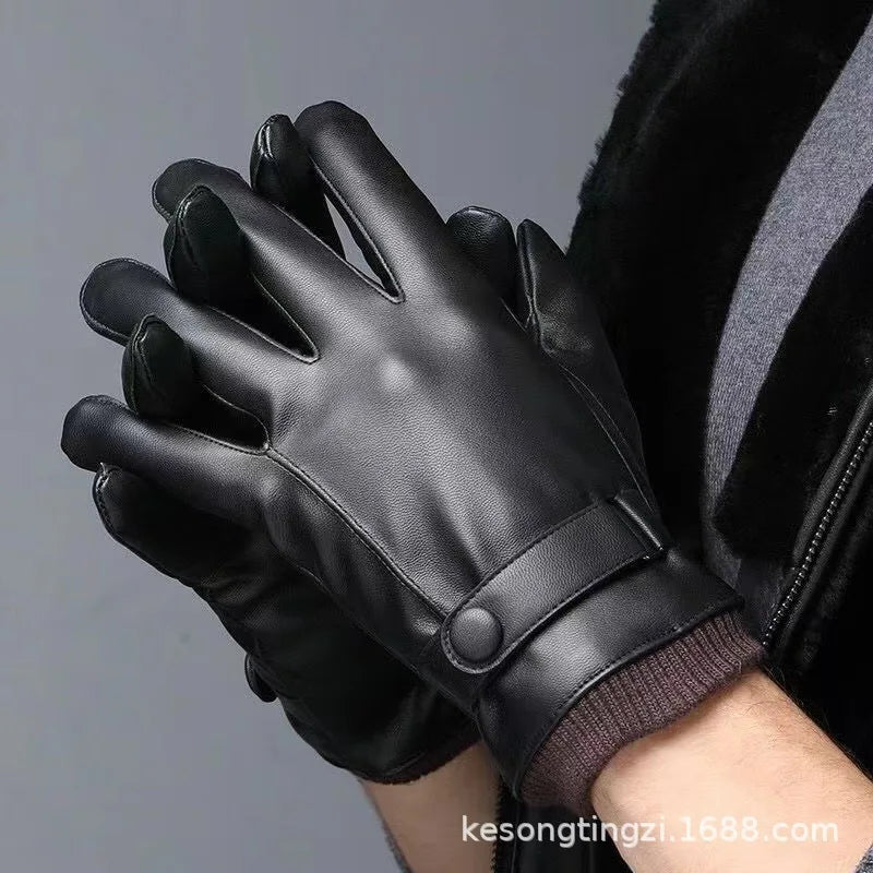 Leather Gloves for Men in Winter, Warm and Cold Resistant, Cycling Waterproof, Touch Screen, Motorcycle Windproof Gloves