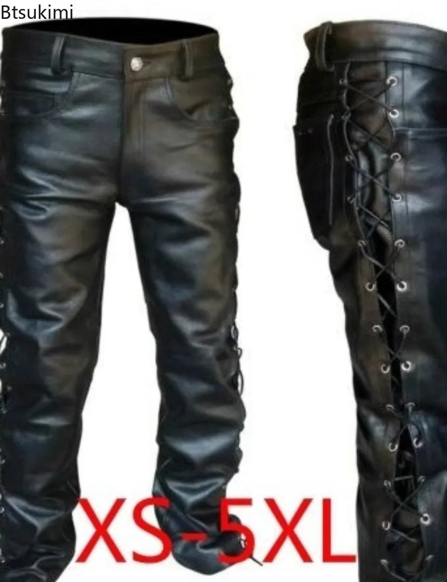 Men's Black PU Leather Side Laces Up Punk Style Long Pant Motorcycle Leather Trousers Leather Motorcycle Four Seasons Pants Male