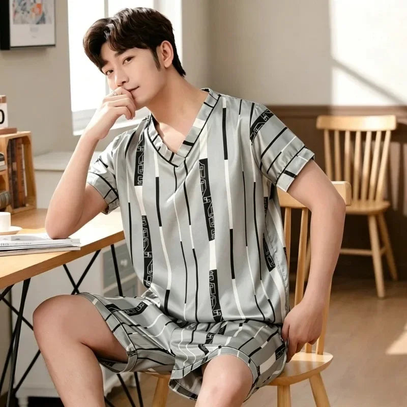 Plus Size Men's Pajamas Set Summer New Fashion Print Men's Sleepwear V-Neck Short Sleeve Shorts Homewear 2026 Casual Cool