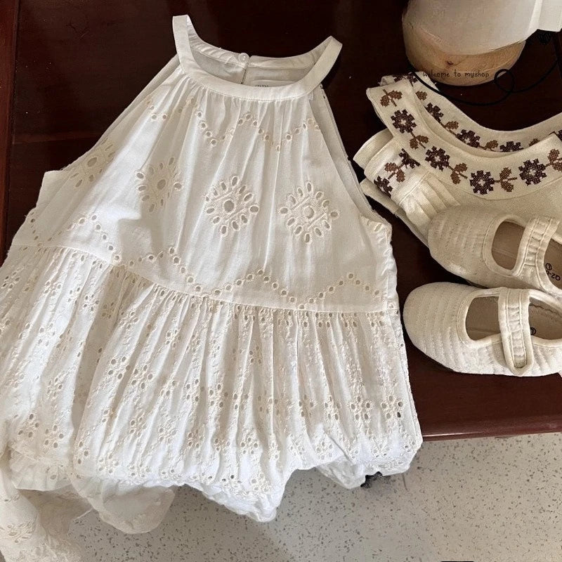 Korean Kids Summer Dress 2025 New Lace Flower Embroidery Girls Suspenders Dress 2-7T Children Vacation Style Princess Clothes