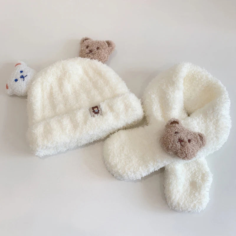 Baby Hat Scarf For Girls Boys Winter Warm Set Cartoon Bear Cold-proof Clothing For Kids Children Stuff Brimless Cap Scarf