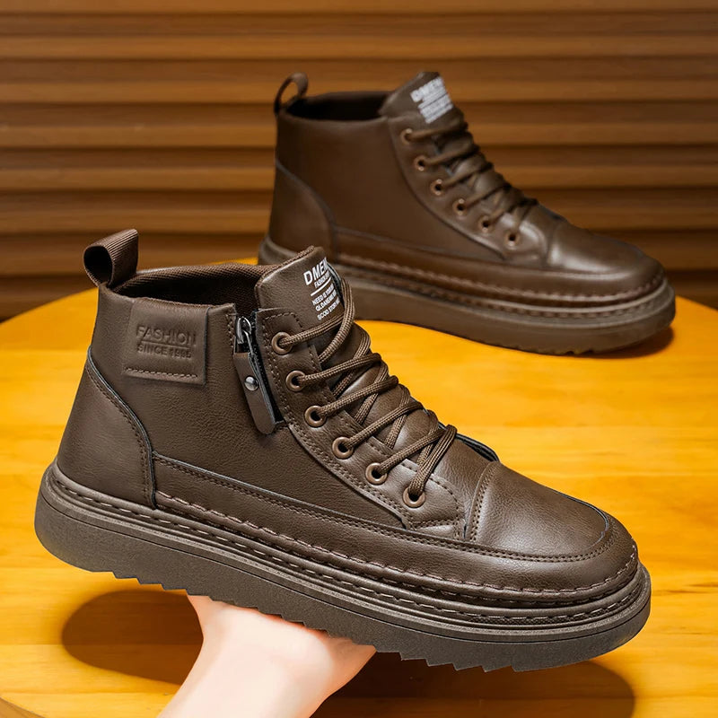 Men Boots Autumn Leather Waterproof Mid-top Sports Shoes New Fashion Ankle Boots Casual Outdoor Hiking Boots Shoes Male Sneakers