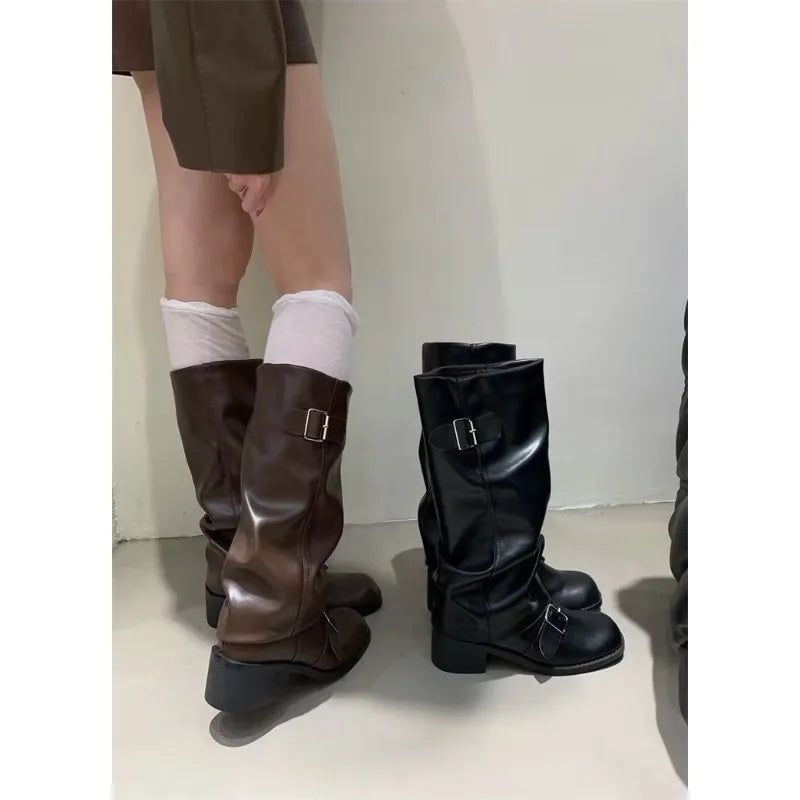 2025Woman Boots Knee High Platform Chunky Heels Trend Punk Gothic New Rock Leather Fashion Women's Shoes Motorcycle Footwear