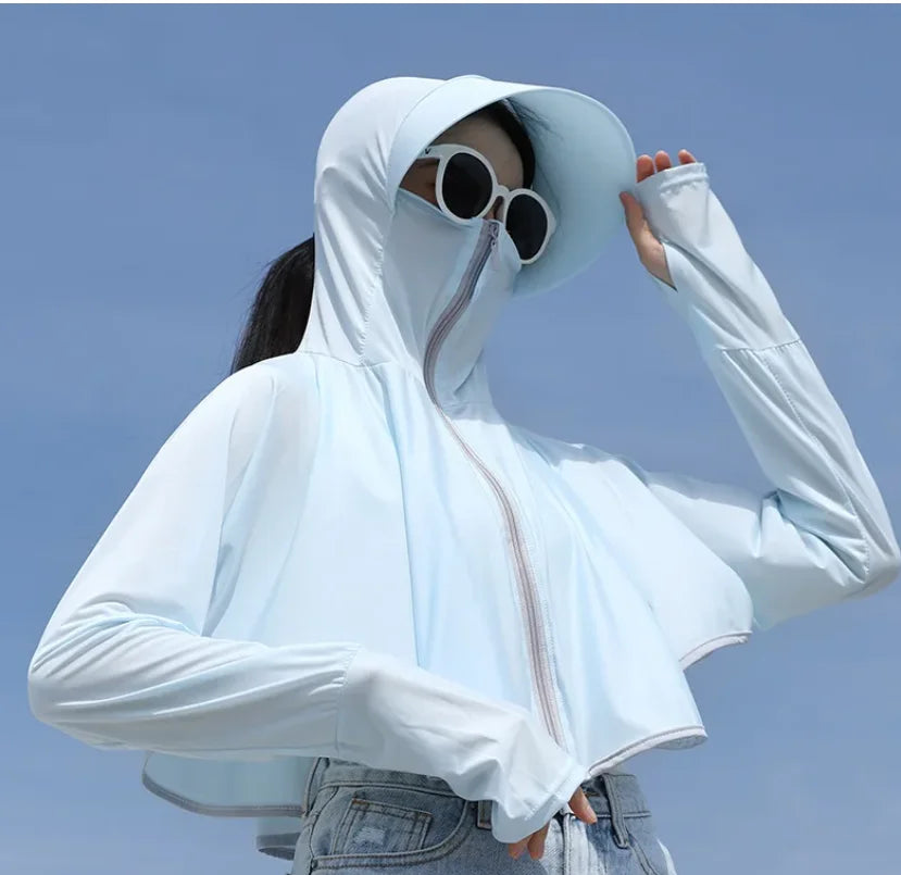 Women Sunscreen Hoodie Solid Color Thin Ice Silk Summer UV Protection Long-sleeved Jacket Breathable Shirt Clothing