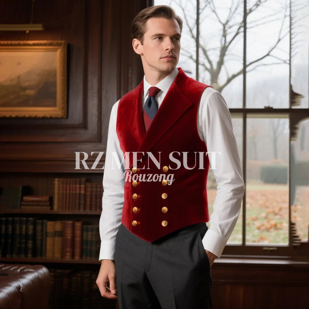Mens Velvet Suit Vest Retro Lapel Double Breasted Tuxedo Vests Victorian Formal Waistcoat chaleco hombre