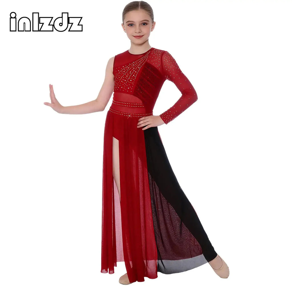 Kids Girls Lyrical Contemporary Dance Dress Patchwork Side Split Mesh Shiny Rhinestones Dresses Competition Performance Costumes